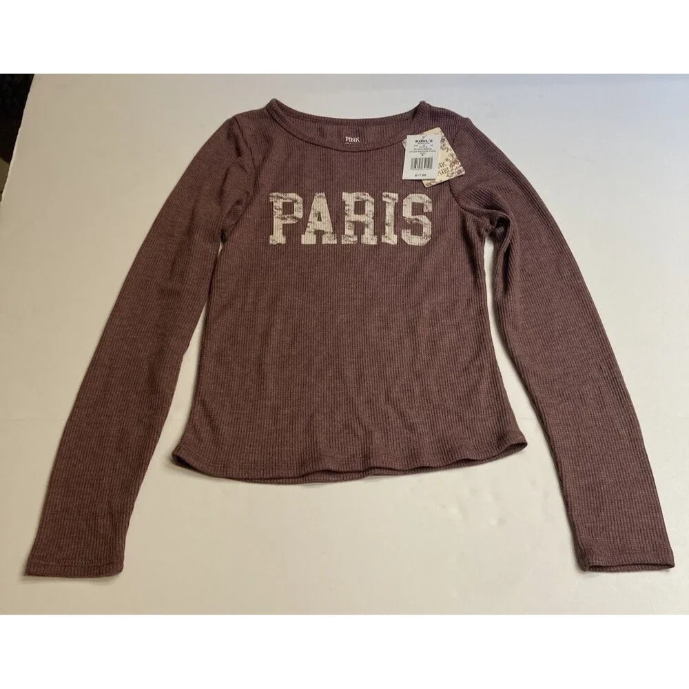 Pink Republic Women's Maroon Paris Graphic Scoop Neck Long Sleeve Knit Top M